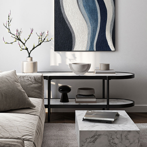 Modern Abstract Black White Blue Grey Curved Geometry Textured Minimalist Wall Art Decor, Large Framed Handmade Wavy Lines Stretched Canvas Artwork for Living Room Bedroom Dining Room Office Home Office Hallway Wall Decor
