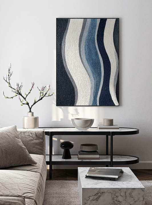 Modern Abstract Black White Blue Grey Curved Geometry Textured Minimalist Wall Art Decor, Large Framed Handmade Wavy Lines Stretched Canvas Artwork for Living Room Bedroom Dining Room Office Home Office Hallway Wall Decor