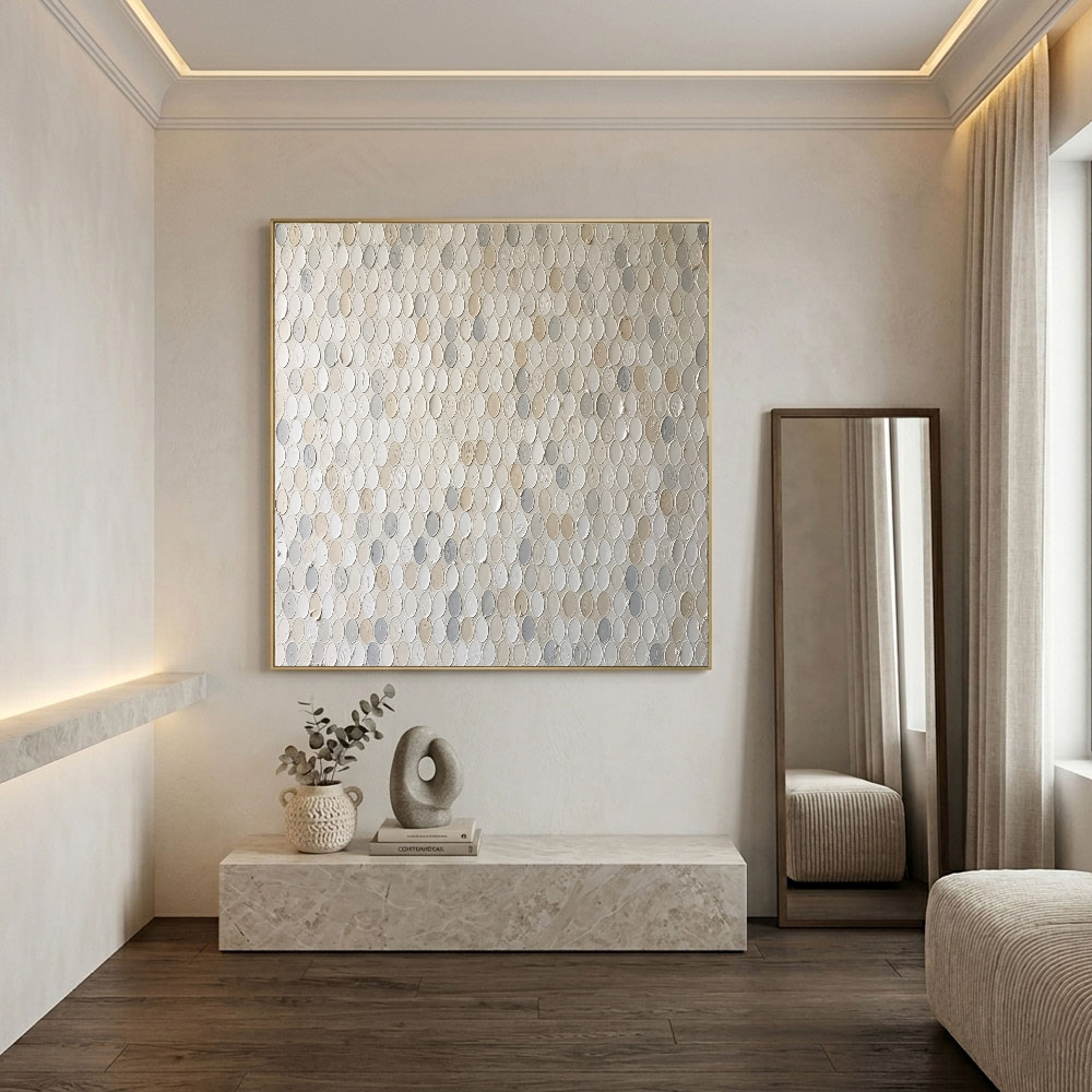 Minimalist Neutral Textured Abstract Oval Dot Impasto Wall Art, Soft White Beige Light Medium Grey Palette, Modern Calm Relaxing Painting for Contemporary Living Room Bedroom Office Dining Hallway Decor