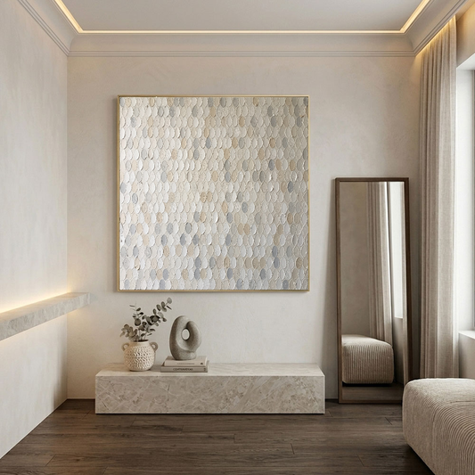 Minimalist Neutral Textured Abstract Oval Dot Impasto Wall Art, Soft White Beige Light Medium Grey Palette, Modern Calm Relaxing Painting for Contemporary Living Room Bedroom Office Dining Hallway Decor
