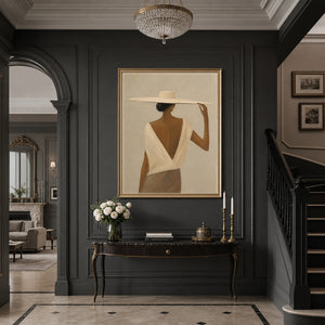 Elegant Silhouette of Woman with Wide-Brimmed Hat in a grand dark-paneled hallway