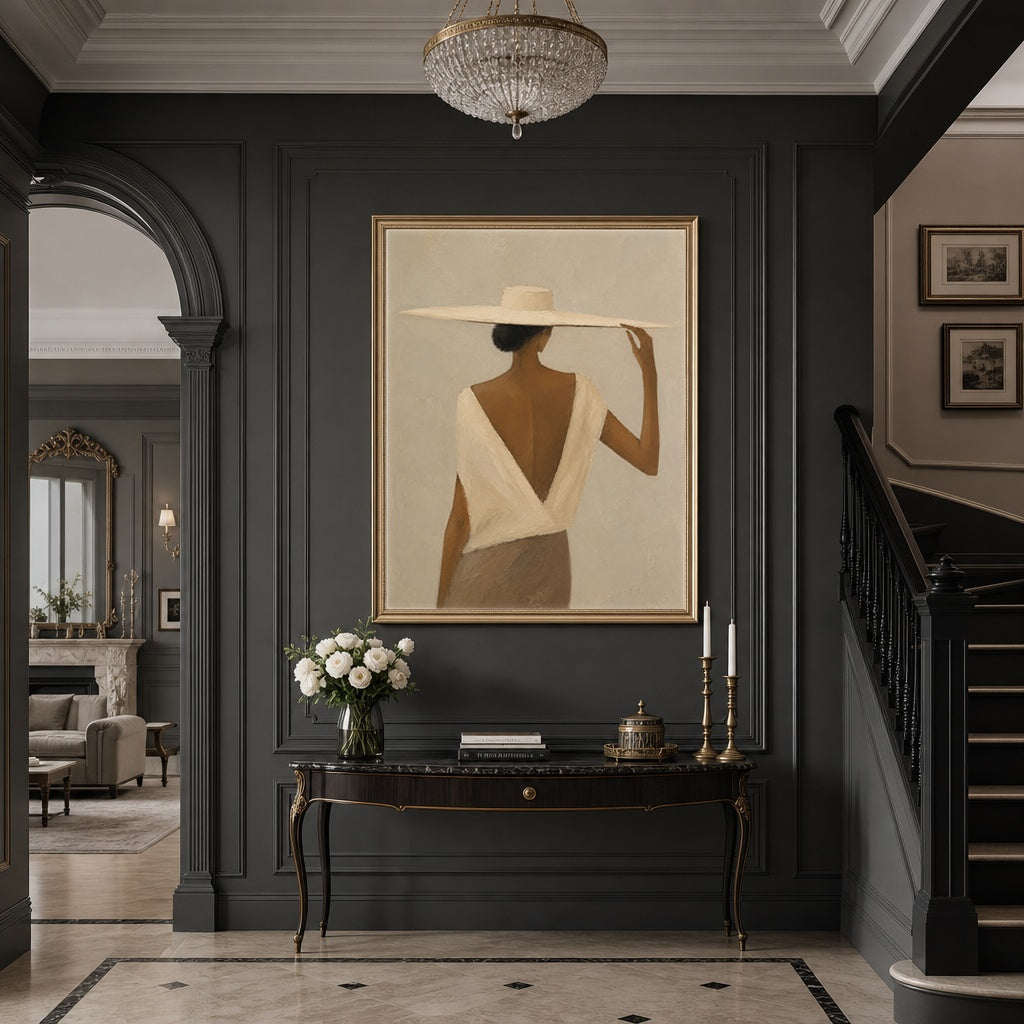 Elegant Silhouette of Woman with Wide-Brimmed Hat in a grand dark-paneled hallway
