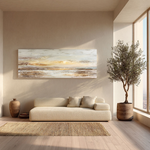 Large Framed Abstract Textured Sunset Seascape Wall Art, Modern Coastal Beige Brown White Gold Canvas Painting, Thick Impasto Knife Stroke Artwork for Living Room Bedroom Office Hallway Dining Room Home Decor