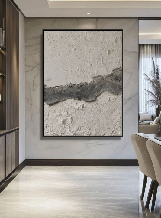 Minimalist Asymmetrical Textured Plaster Wall Art, Wabi Sabi Inspired Neutral Grey White Stucco Relief for Modern Interiors, Monochrome Abstract Office Hallway Bedroom Dining Living Room Decor