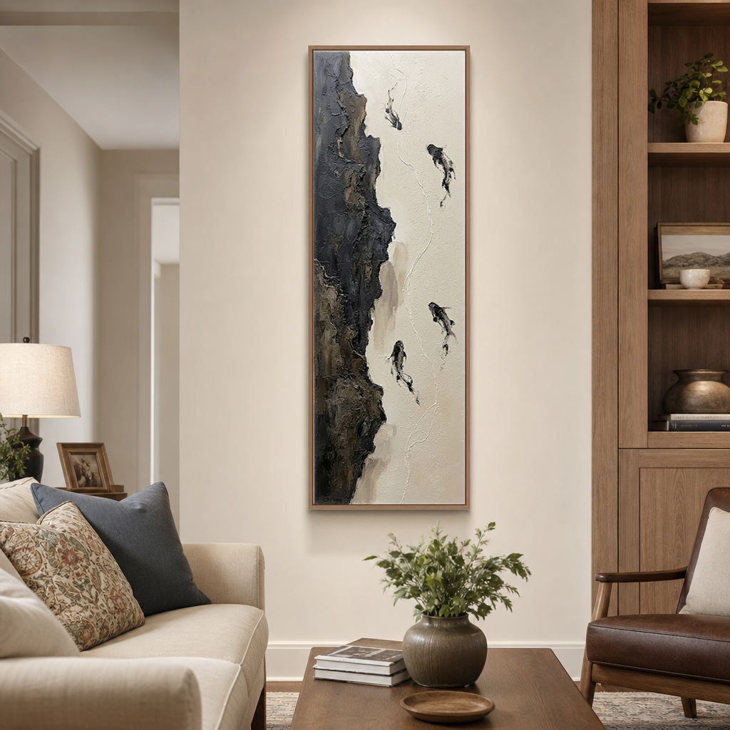 Abstract Black White Brown Beige Koi Fish Impasto Textured Vertical Wall Art Minimalist Nature-Inspired Framed Canvas, Perfect for Modern Home Office Living Room Bedroom Hallway Dining Room Decor