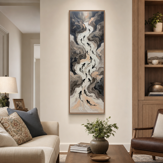 Abstract Koi Fish Stream Vertical Wall Art Textured Impasto Neutral Beige Brown Grey Black Modern Minimalist Canvas for Office Hallway Living Room Bedroom Dining Room