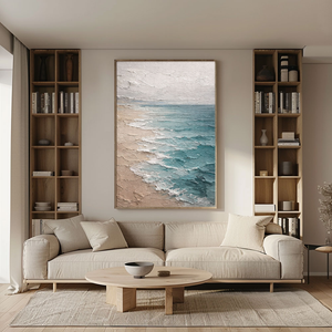 Textured Impasto Coastal Beach Scene Wall Art, Blue Ocean White Waves Beige Sand Light Grey Sky Framed Canvas Artwork, Minimalist Nature Inspired Decor for Living Room Bedroom Office Hallway Dining Room