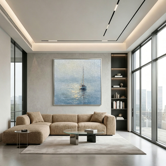 Serene Sailboat at Dawn Coastal Framed Impasto Wall Art, Soft Blue White Beige Gold Nautical Ocean Landscape Painting, Textured Calm Sea Decor for Home Living Room Bedroom Office Dining Room Hallway