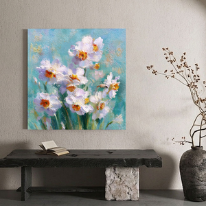White Daffodils Flower Impasto Oil Painting on Canvas, Turquoise Blue Background Textured Floral Wall Art, Modern Living Room Bedroom Home Decor