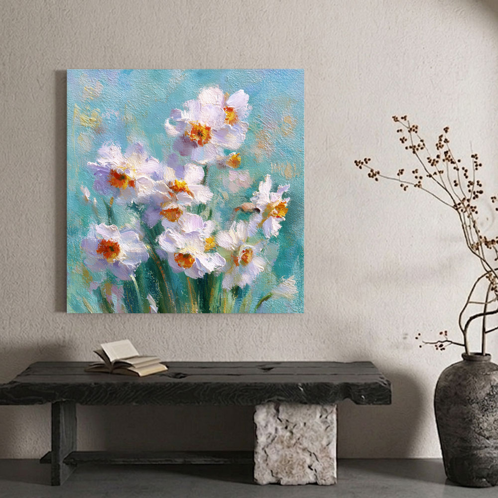White Daffodils Flower Impasto Oil Painting on Canvas, Turquoise Blue Background Textured Floral Wall Art, Modern Living Room Bedroom Home Decor
