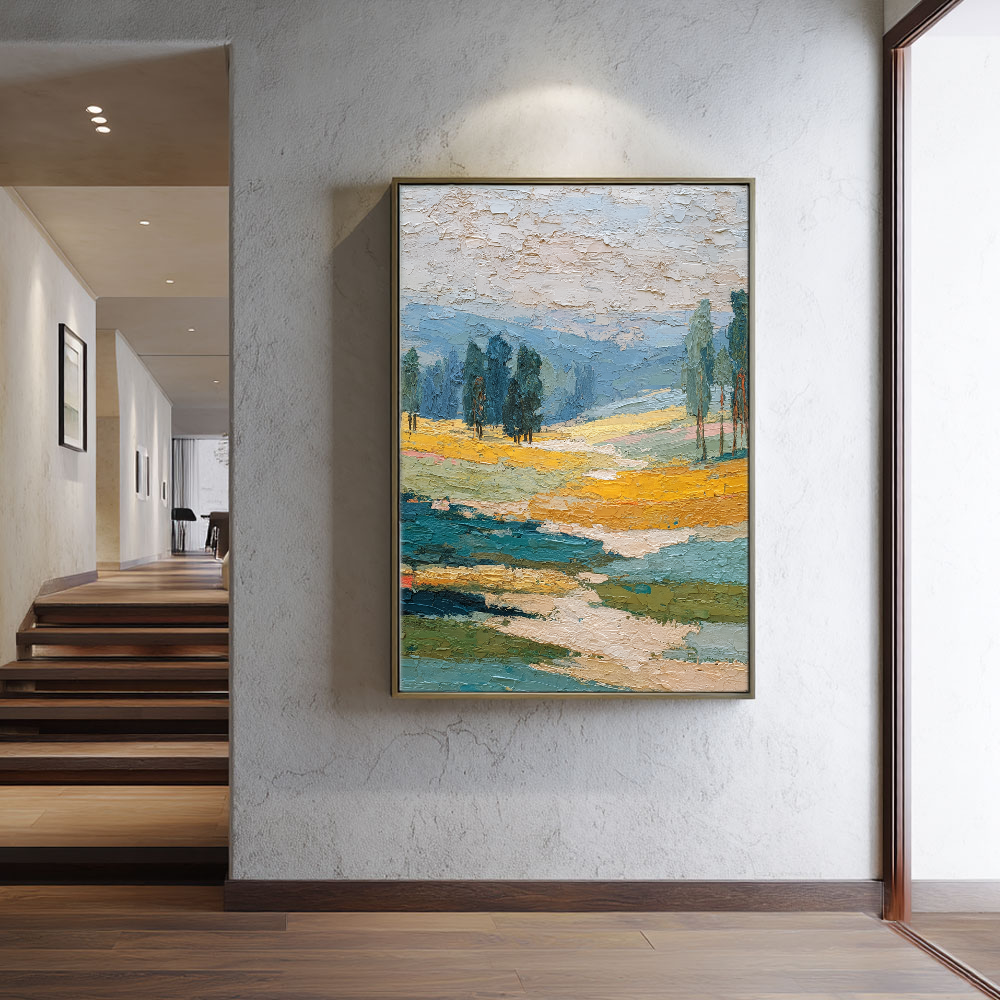 Thick Impasto Textured Landscape Wall Art – Warm Yellow Fields, Serene Blue Mountains & Water, Lush Green Trees, Soft Beige Sky – Elevate Modern Home Décor, Perfect for Living Room, Bedroom, Office, Dining Room, Hallway Ambiance