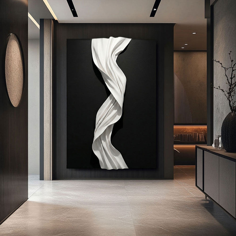 Black and White Abstract 3D Twisted Wave Minimalist Modern Textured Wall Art Elegant Monochrome Decor for Contemporary Home and Office Interiors