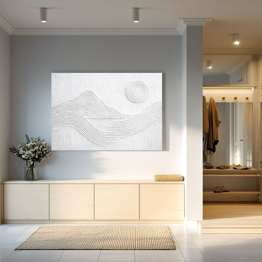 Minimalist White Textured Abstract Mountain Sun Line Landscape Framed Wall Art for Modern Contemporary Home Office Decor