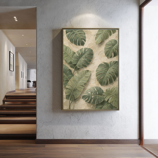 Tropical Green Monstera Banana Leaves Textured Impasto Wall Art for Living Room, Neutral Beige Background Large Botanical Painting, Modern Minimalist Plant Canvas Artwork for Bedroom Dining Room Office Hallway Home Decor