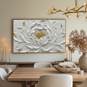 Elegant White Gold 3D Textured Flower Wall Art, Framed Impasto Floral Canvas Artwork for Living Room Bedroom Dining Room Hallway Office Modern Home Decor