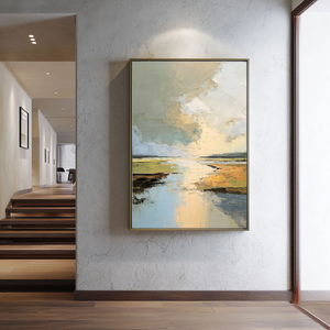 Abstract Landscape Textured Impasto Wall Art, Soft Beige Green Blue White Canvas Painting, Large Calm Nature Scenery Artwork for Living Room Bedroom Office, Modern Minimalist Home Decor Framed or Unframed