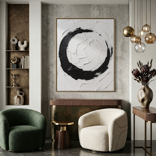 Minimalist Black and White Abstract Circular Impasto Wall Art, Bold Textured Brushstrokes Thick Paint Stacking Knife Marks Modern Geometric Line Decor for Contemporary Spaces