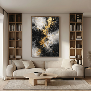 Black White Gold Abstract Thick Textured Impasto Canvas Wall Art, Modern Luxury Vertical Framed Artwork for Contemporary Home Decor, Living Room Bedroom Dining Hallway Office Accent