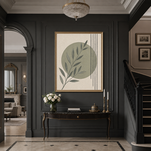 Minimalist Textured Green Beige Black Botanical Leaf Geometric Circle Framed Canvas Wall Art for Modern Living Room Bedroom Dining Room Hallway Office Decor