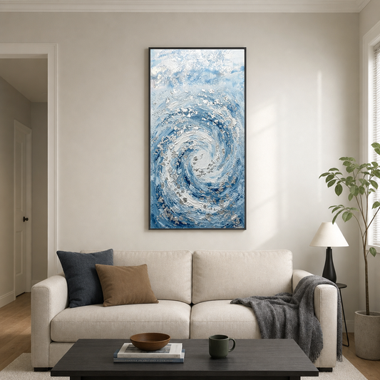 Modern Abstract Blue White Textured Ocean Swirl Impasto Wall Art Coastal Framed Canvas Painting for Living Room Bedroom Office Hallway Dining Room Thick Knife Brush Marks Relaxing Nautical Decor