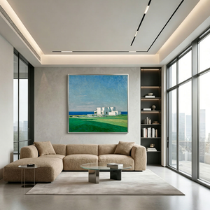 Coastal Minimalist White Villa Landscape Wall Art Blue Ocean Green Lawn Canvas Decor for Modern Home Living Room Bedroom Office