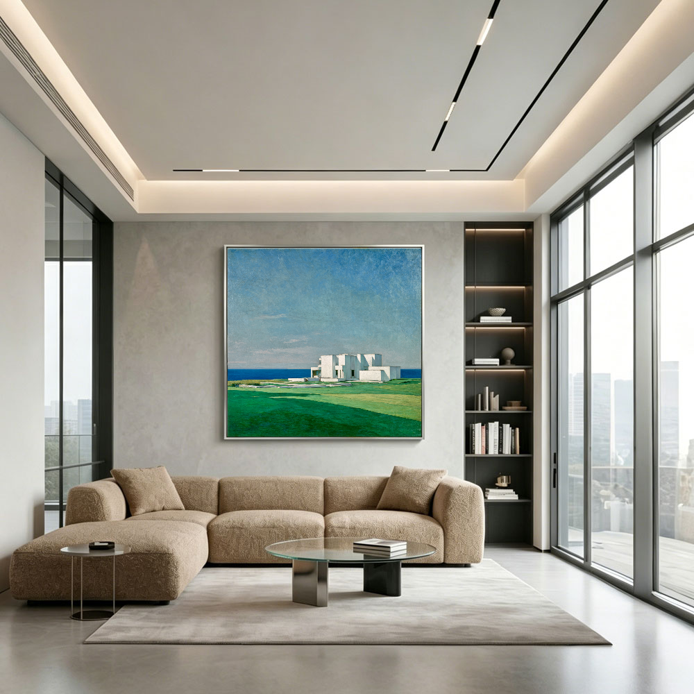 Coastal Minimalist White Villa Landscape Wall Art Blue Ocean Green Lawn Canvas Decor for Modern Home Living Room Bedroom Office
