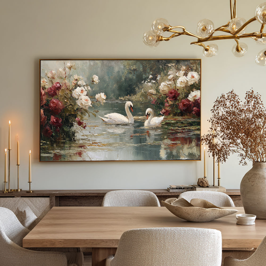 Vintage Romantic Red & White Rose Pond Swan Landscape Wall Art, Impasto Thick Texture Framed Canvas Print, Elegant Nature Artwork for Living Room Bedroom Dining Room Office Hallway Decor