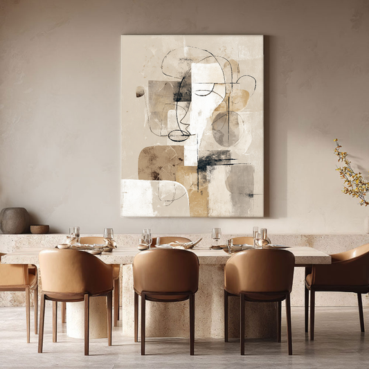 Modern Abstract Neutral Geometry & Lines Textured Canvas Wall Art Beige White Brown Black Subtle Line Drawings Soft Block Shapes Minimalist Home Decor for Living Room Bedroom Office Dining Room Hallway