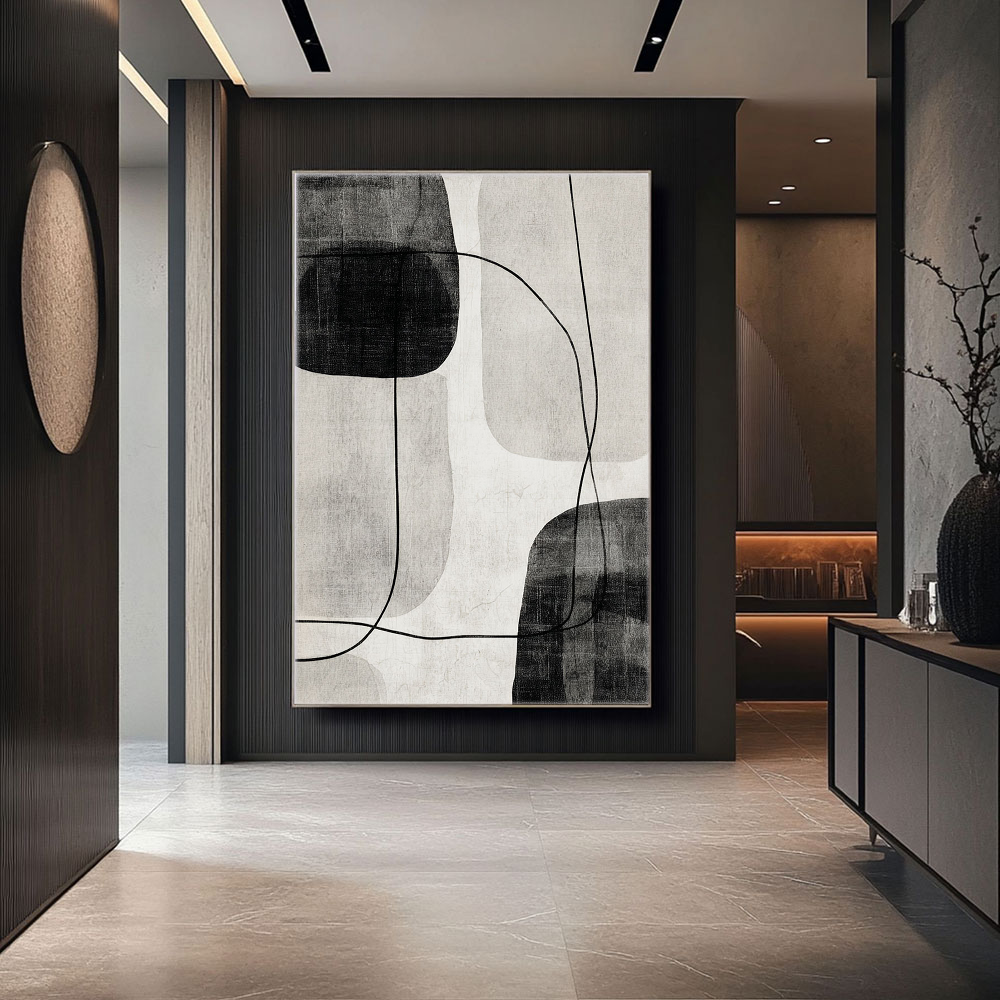 Black and White Minimalist Abstract Organic Shapes & Curved Lines Textured Canvas Wall Art for Modern Home Office Living Room Bedroom Dining Room Hallway Decor