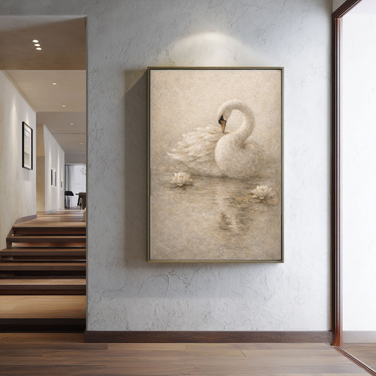 Vintage Swan with Water Lilies Textured Wall Art - Beige White Neutral Muted Canvas Print for Home Decor, Classic Elegant Nature Inspired Artwork, Soft Warm Tones for Bedroom Living Room Dining Room Office Hallway