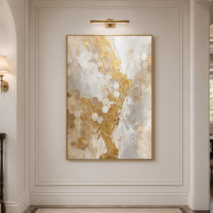 Abstract Teal Blue Ocean Wave Textured Wall Art with Gold Foil Accents, Modern White and Light Grey Coastal Seascape Painting for Contemporary Home Decor, Large Vertical Framed Canvas Artwork