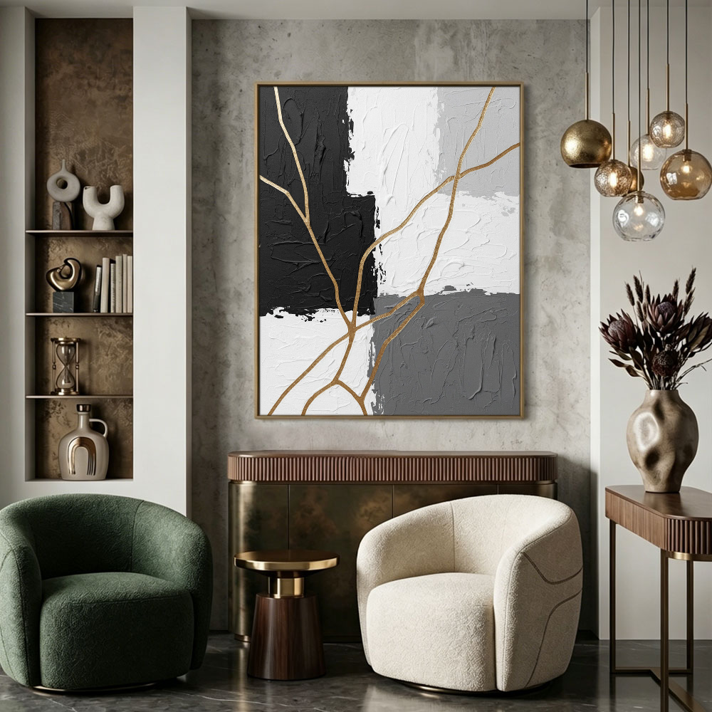 Black White Grey Gold Abstract Textured Impasto Wall Art Bold Contrast Thick Knife Brush Marks Modern Minimalist Painting Contemporary Home Office Living Room Bedroom Hallway Dining Room Decor