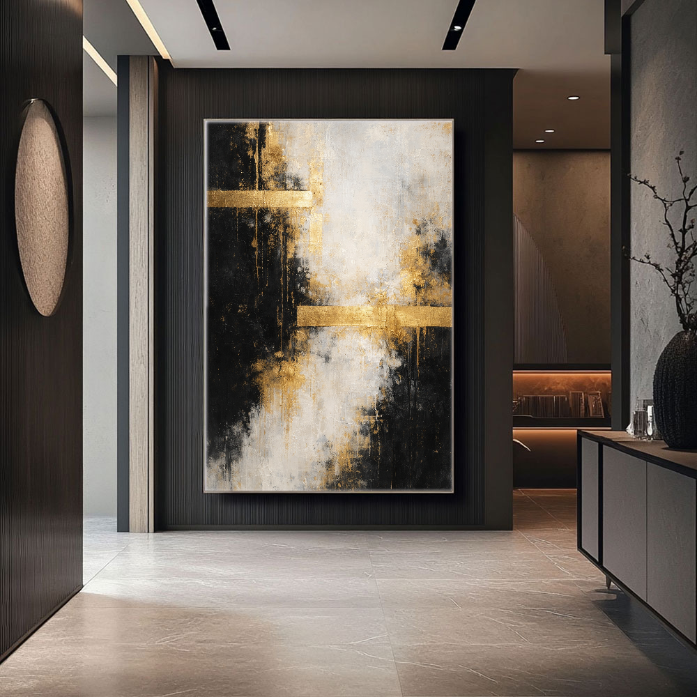Bold Black Gold White Abstract Textured Wall Art – Modern Vertical Canvas Decor with Impasto Knife Brushwork, Contrast Metallic Lines for Contemporary Living Room Bedroom Office Dining Hallway