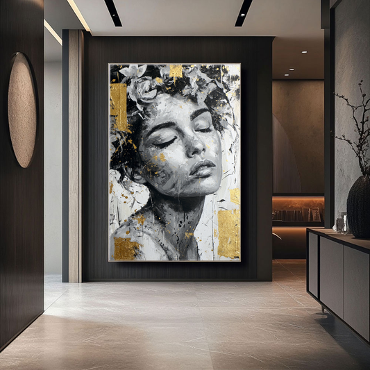Black and White Elegant Woman Portrait Impasto Textured Vintage Wall Art with Gold Foil Accents, Large Modern Hand-Painted Canvas Artwork for Living Room Bedroom Office Dining Room Hallway Home Decor