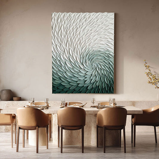 3D Green White Spiral Abstract Textured Wall Art Modern Minimalist Thick Relief Plume Leaf-like Decor for Home Office Dining Bedroom Living Room Hallway Large Canvas Unframed Contemporary Artwork