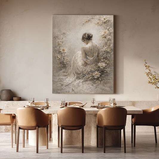 Vintage Soft Muted Woman Back Portrait with White and Gold Floral Framing Elegant Textured Canvas Wall Art for Serene Home Spaces