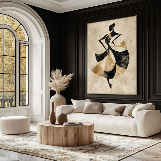 Elegant Abstract Vintage Dancer Silhouette Wall Art Grunge Textured Black Gold Beige Artwork Minimalist Aged Portrait Painting for Modern Boho Living Room Bedroom Dining Room Office Hallway Home Decor