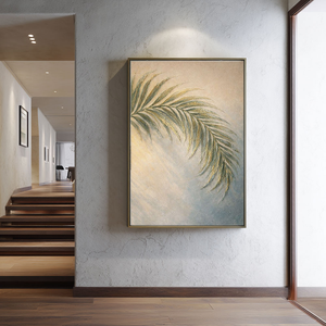 Minimalist Soft Muted Green Beige Palm Leaf Textured Framed Canvas Wall Art for Tranquil Home Decor