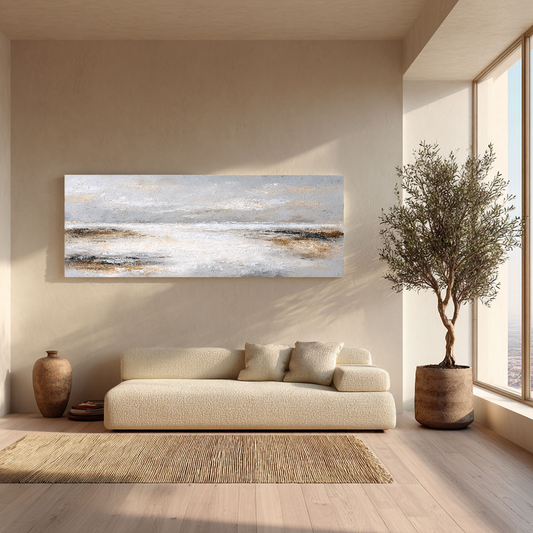 Abstract Neutral Toned Textured Seascape Impasto Wall Art, Large Panoramic Soft Grey White Beige Brown Coastal Canvas Artwork, Modern Minimalist Living Room Bedroom Decor, Framed Horizontal Painting