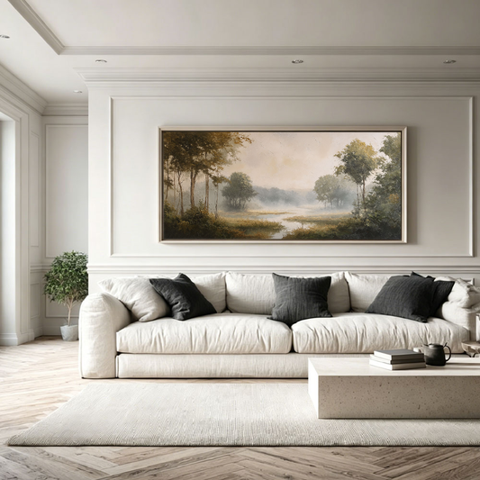 Vintage Misty Forest River Landscape Canvas Wall Art, Muted Beige Green Brown Impasto Oil Painting Print with Textured Detail for Modern Rustic Home Decor, 20x60 Inch Framed Nature Scenery Wall Decor for Living Room Bedroom Office
