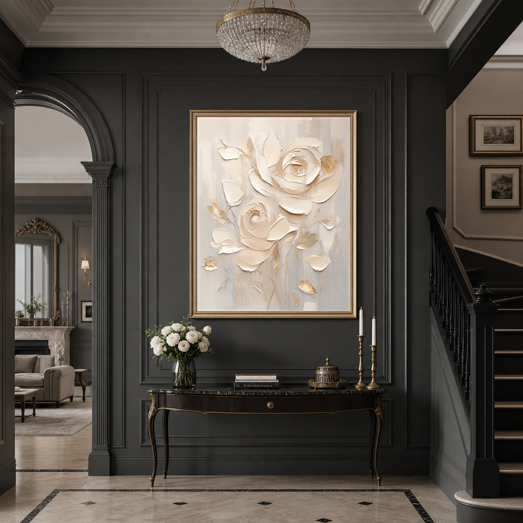 Flower and Tree Textured Beige Soft Gray Gold Acrylic-Style 3D Relief Vertical Wall Art for Living Room