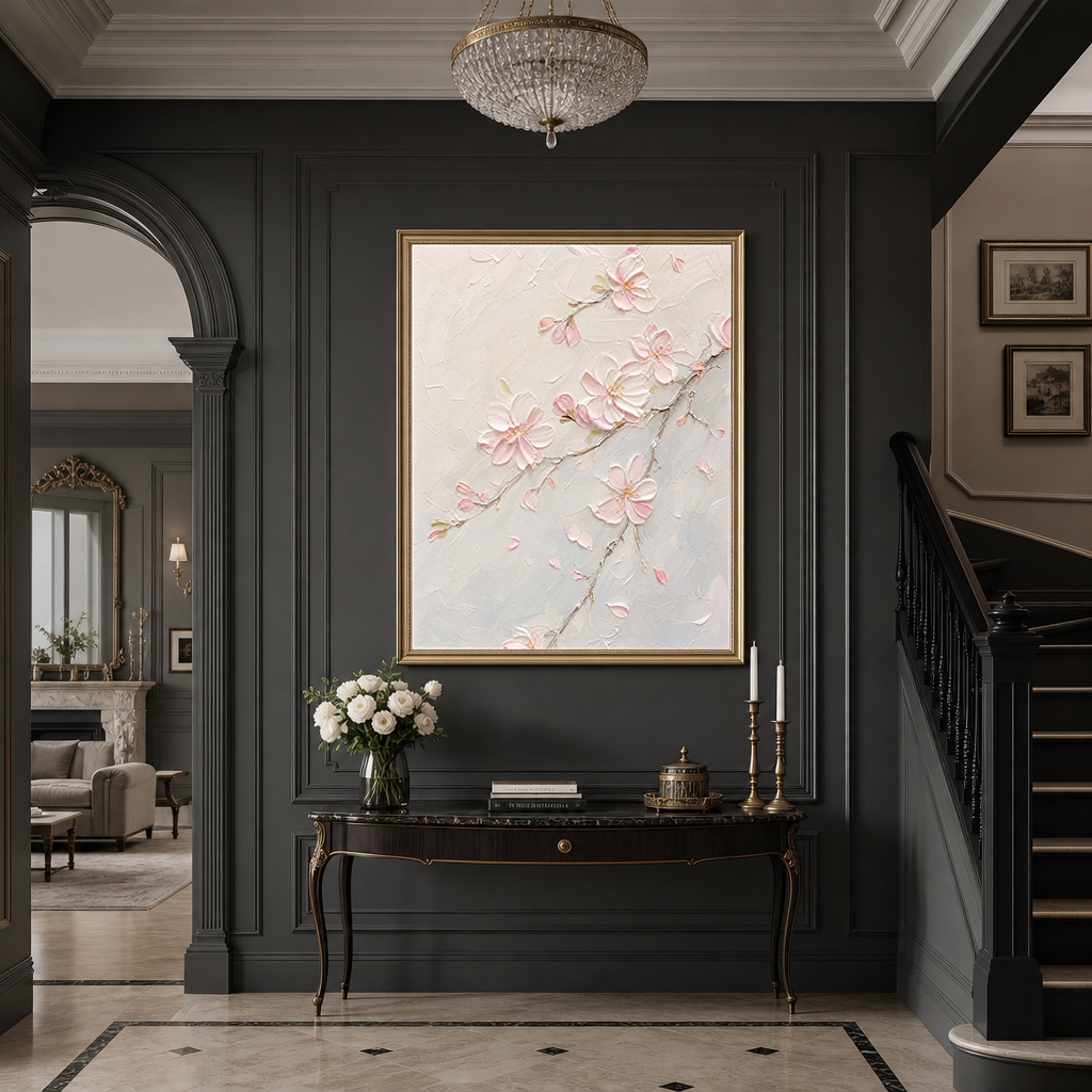 Flower and Tree Soft Pink Cream Light Gray Textured Contemporary Acrylic-style 3D Relief Vertical Wall Art for Living Room