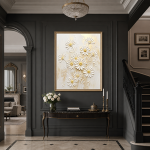 White and Gold Daisy Flower 3D Relief Textured Vertical Wall Art for Living Room