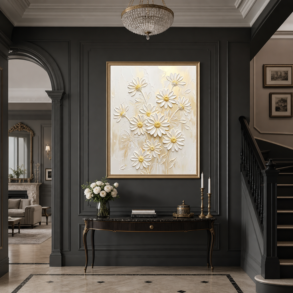 White and Gold Daisy Flower 3D Relief Textured Vertical Wall Art for Living Room