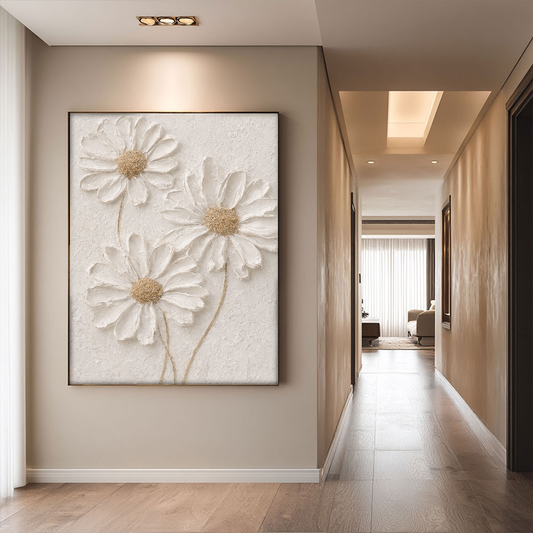 White Daisy 3D Textured Impasto Wall Art, Neutral Beige & White Floral Minimalist Artwork, Modern Farmhouse Plaster-Inspired Living Room Bedroom Decor