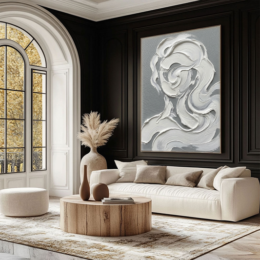Abstract Impasto White & Medium Grey Female Portrait Textured Wall Art, Modern Minimalist Thick Paint Knife Brush Strokes Canvas Decor, Elegant Contemporary Monochrome Figure Artwork for Living Room Bedroom Office Dining Room Hallway