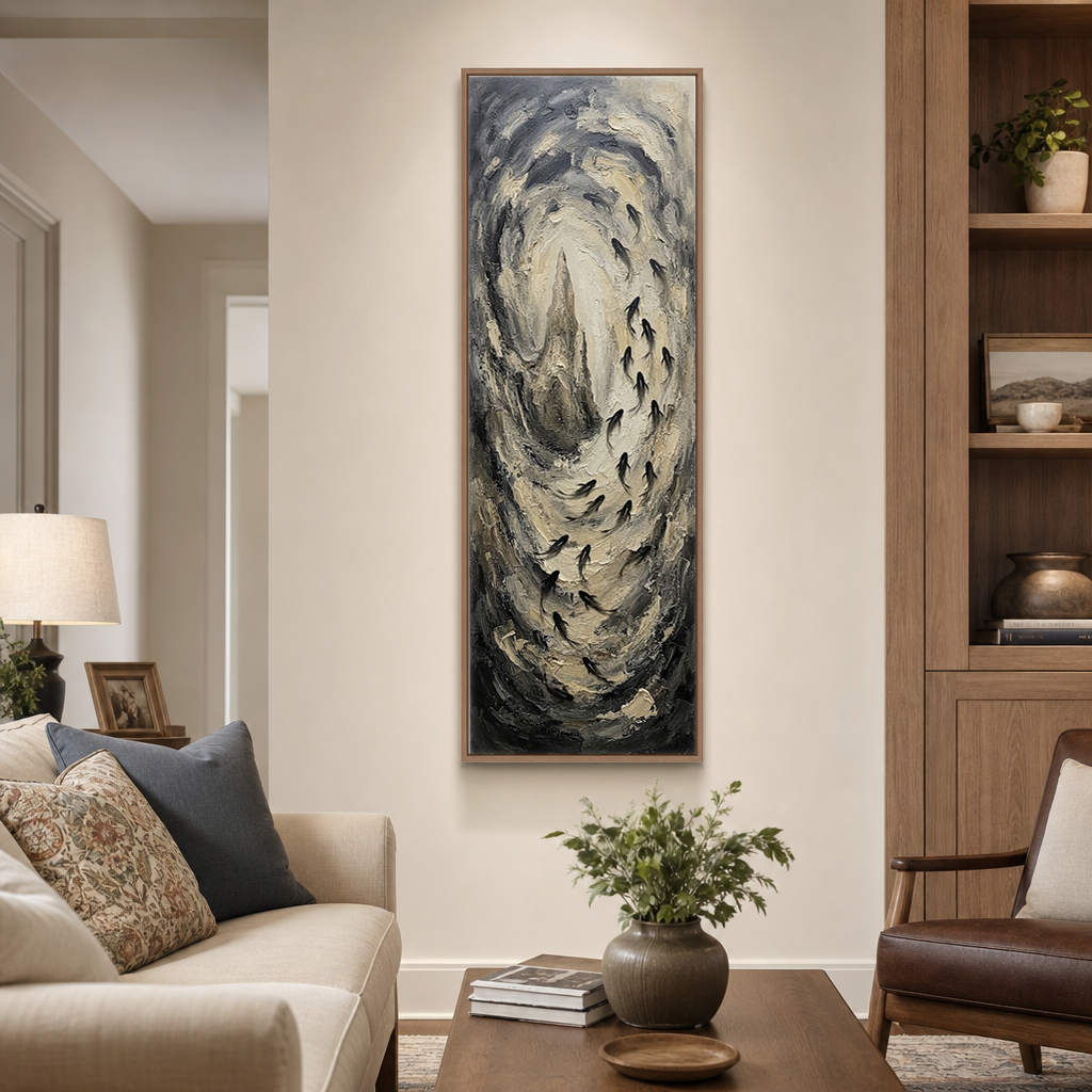 Monochrome Textured Swirling Black Beige Dark Grey Impasto Abstract Vertical Framed Wall Art with Silhouetted Fish School Motifs – Muted Elegant Decor for Contemporary Home or Office Spaces
