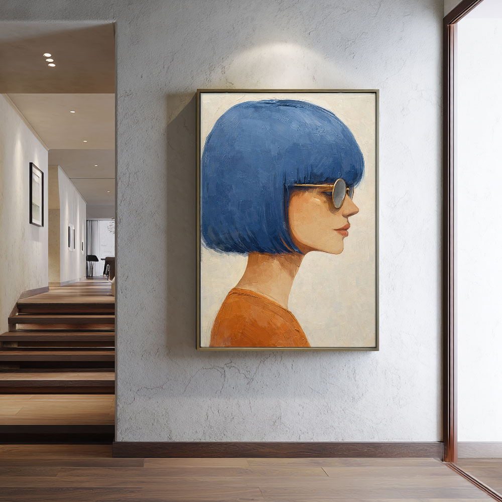Modern Portrait Woman with Blue Bob Hair Gold Sunglasses Framed Wall Art, Retro Chic Minimalist Female Profile Painting for Home Decor, Vibrant Blue Brown Beige White Artwork