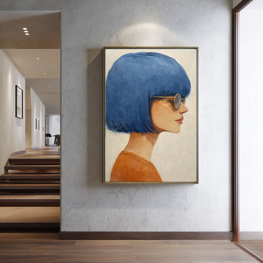 Modern Portrait Woman with Blue Bob Hair Gold Sunglasses Framed Wall Art, Retro Chic Minimalist Female Profile Painting for Home Decor, Vibrant Blue Brown Beige White Artwork