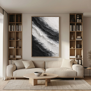 Black and White Abstract Diagonal Wave Textured Impasto Wall Art, Modern Monochrome Contrast Thick Knife Brush Stacked Painting, Minimalist Contemporary Handcrafted Decor for Interior Spaces